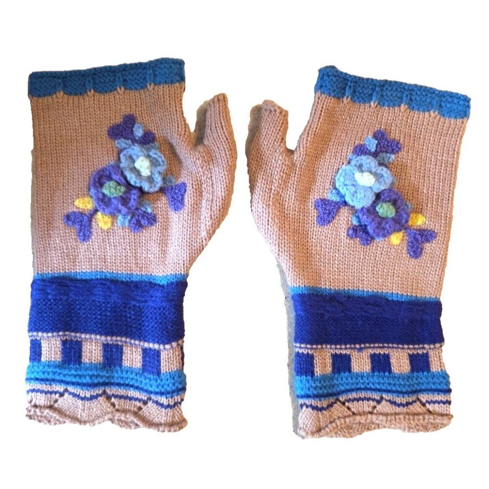 Fingerless Gloves Blue Flower on Beige One Size Large NEW